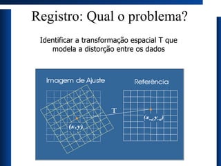 Registro: Qual o problema? Identificar a transformação espacial  T  que modela a distorção entre os dados 