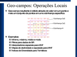 Geo-campos: Operações Locais Geo-campo resultante é obtido através do valor em um ponto e mais um conjunto de pontos em uma vizinhança específica Exemplos: Mínimo, máximo, médio e moda Filtros para dados de SR Interpoladores espaciais para MNT Mapas de declividade e exposição para MNT Índices de Diversidade para Temáticos Vizinhança 3x3 Vizinhança 5x5 Vizinhança  + 