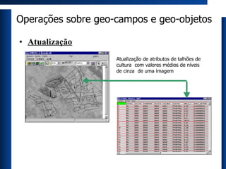 Operações sobre geo-campos e geo-objetos Atualização Atualização de atributos de talhões de cultura  com valores médios de níveis de cinza  de uma imagem 