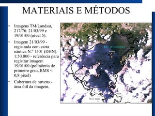 MATERIAIS E MÉTODOS Imagens TM/Landsat, 217/76: 21/03/99 e 19/01/00 (nível 5):  Imagem 21/03/99 - registrada com carta náutica N.º 1501 (DHN), 1:50.000 - referência para registrar imagem 19/01/00 (polinômio de primeiro grau, RMS < 0,8 pixel)  Cobertura de nuvens - área útil da imagem.  