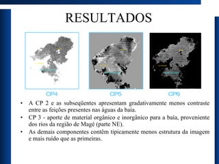 RESULTADOS A CP 2 e as subseqüentes apresentam gradativamente menos contraste entre as feições presentes nas águas da baía. CP 3 - aporte de material orgânico e inorgânico para a baía, proveniente dos rios da região de Magé (parte NE).  As demais componentes contêm tipicamente menos estrutura da imagem e mais ruído que as primeiras. CP4 CP5 CP6 