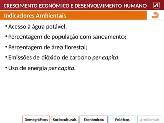 CRESCIMENTO ECONÓMICO E DESENVOLVIMENTO HUMANO
• Acesso à água potável;
• Percentagem de população com saneamento;
• Percentagem de área florestal;
• Emissões de dióxido de carbono per capita;
• Uso de energia per capita.
Indicadores Ambientais
Demográficos Políticos Ambientais
Socioculturais Económicos
 