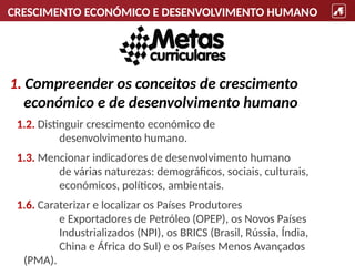 CRESCIMENTO ECONÓMICO E DESENVOLVIMENTO HUMANO
1. Compreender os conceitos de crescimento
económico e de desenvolvimento humano
1.2. Distinguir crescimento económico de
desenvolvimento humano.
1.3. Mencionar indicadores de desenvolvimento humano
de várias naturezas: demográficos, sociais, culturais,
económicos, políticos, ambientais.
1.6. Caraterizar e localizar os Países Produtores
e Exportadores de Petróleo (OPEP), os Novos Países
Industrializados (NPI), os BRICS (Brasil, Rússia, Índia,
China e África do Sul) e os Países Menos Avançados
(PMA).
 