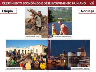 CRESCIMENTO ECONÓMICO E DESENVOLVIMENTO HUMANO
Trabalho infantil, Etiópia
Mercado local na Etiópia
Etiópia
Passeio em família, Noruega
Porto de Stavanger, Noruega
Noruega
 