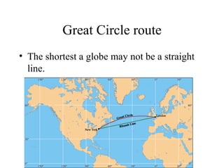 Great Circle route The shortest a globe may not be a straight line. 
