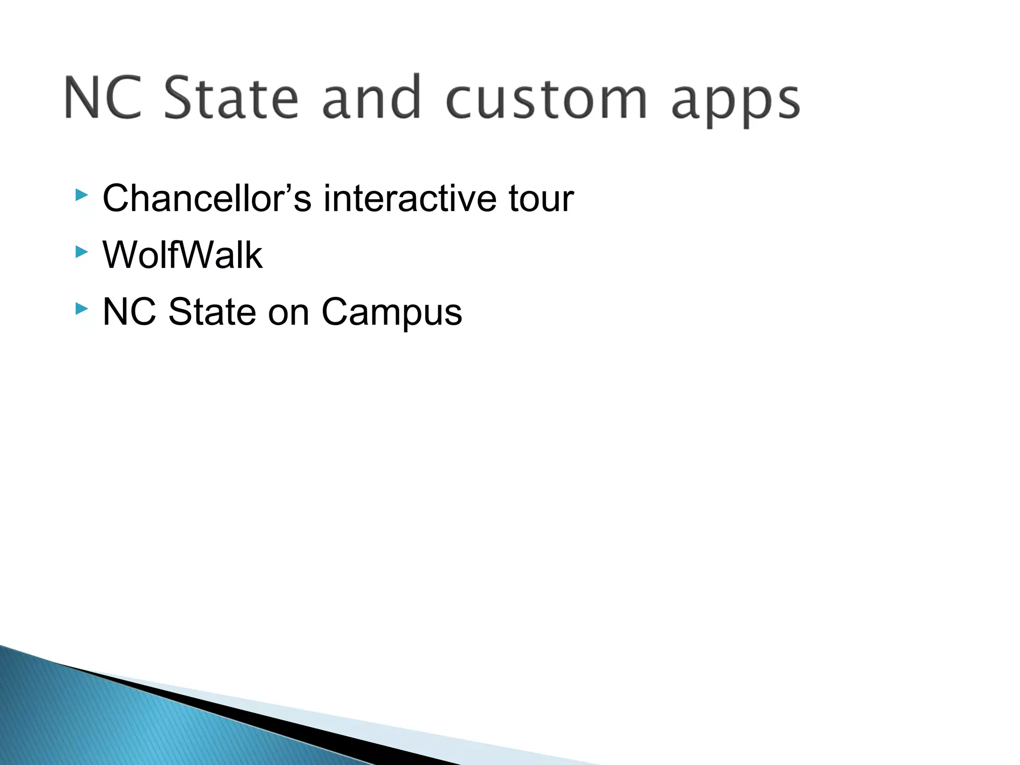  Chancellor’s interactive tour
 WolfWalk
 NC State on Campus
 