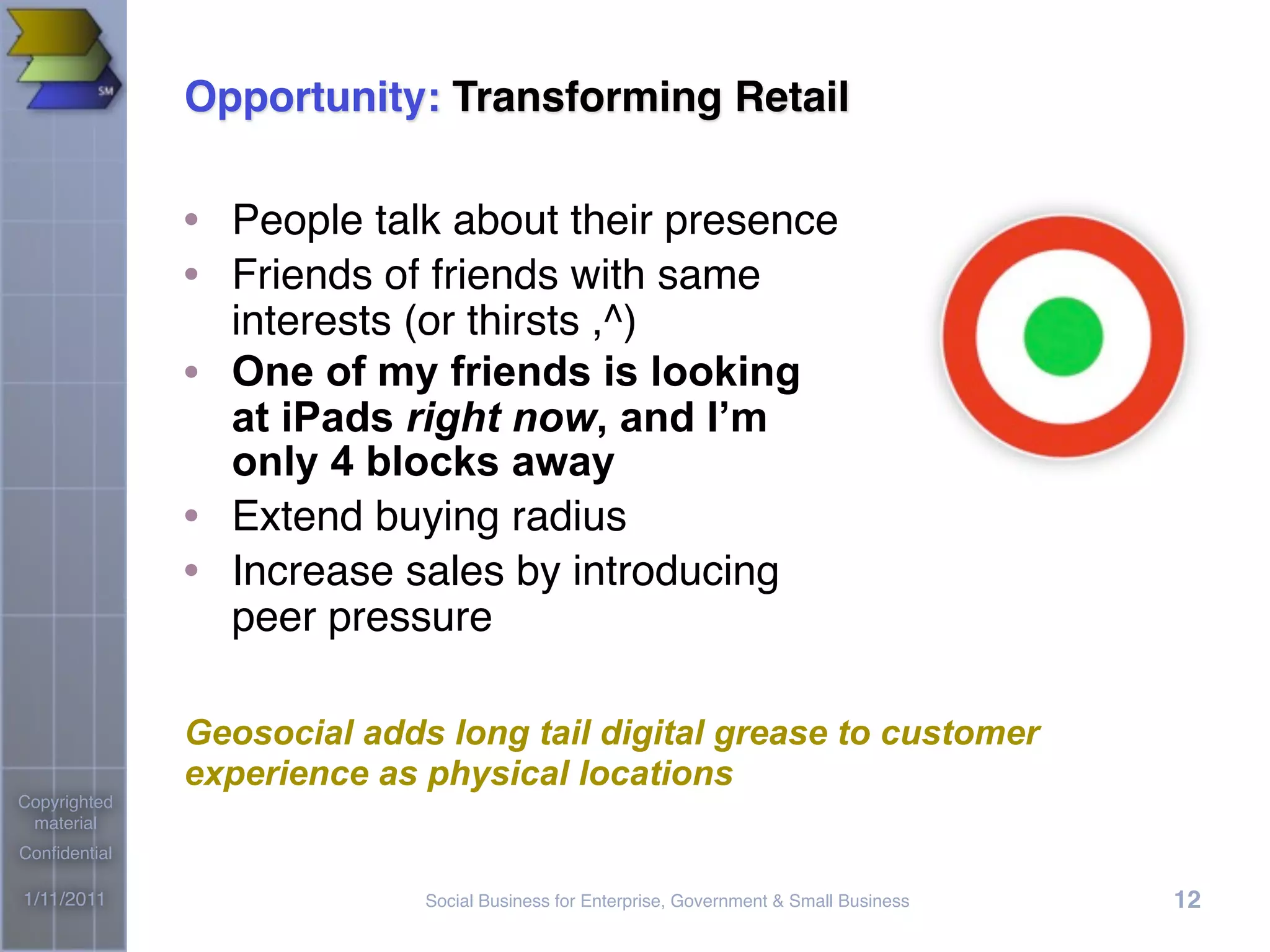 Social Business for Enterprise, Government & Small Business1/11/2011
Copyrighted
material
Conﬁdential
12
Opportunity: Transforming Retail
• People talk about their presence
• Friends of friends with same
interests (or thirsts ,^)
• One of my friends is looking
at iPads right now, and I’m
only 4 blocks away
• Extend buying radius
• Increase sales by introducing
peer pressure
Geosocial adds long tail digital grease to customer
experience as physical locations
 