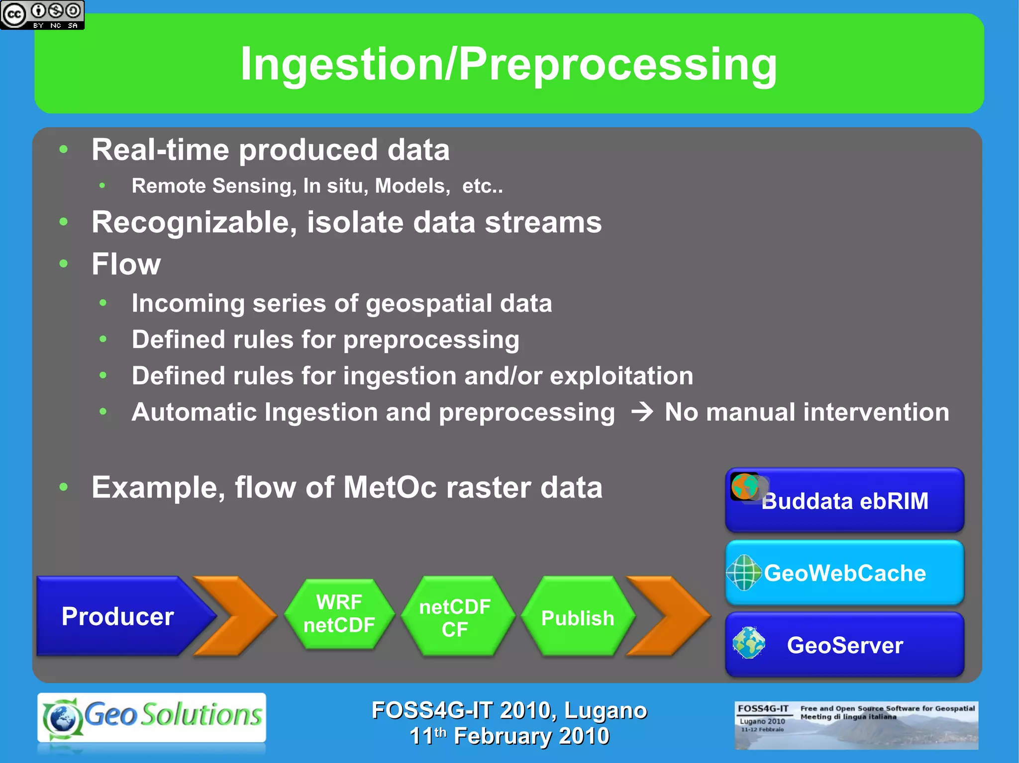 Ingestion/Preprocessing Real-time produced data Remote Sensing, In situ, Models,  etc.. Recognizable, isolate data streams Flow Incoming series of geospatial data  Defined rules for preprocessing Defined rules for ingestion and/or exploitation Automatic Ingestion and preprocessing    No manual intervention Example, flow of MetOc raster data netCDF CF Publish FOSS4G-IT 2010, Lugano 11 th  February 2010 Producer GeoServer GeoWebCache WRF netCDF Buddata ebRIM 