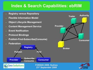 Index & Search Capabilities: ebRIM
   Registry versus Repository
                                                            Trader   Authority
   Flexible Information Model
   Object Lifecycle Management
   Content Management Service                  Provider

   Event Notification
   Protocol Bindings
   Publish-Find-Subscribe(Consume)                                  Consumer
   Federation
                   Registry
                                                       Broker
         Publish                Find


                   Subscribe
    Provider       Consume       Consumer

                               FOSS4G 2009, Sydney
                                23rd September 2009
 