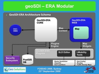 geoSDI – ERA Modular
   GeoSDI-ERA Architecture Schema
                        GeoSDI-ERA                          GeoSDI-ERA
                        CORE                                WEB

      OGC-                                   Map              Map
      WMS                                    Context




                                     Plugins                           Map
                                     Engine                            Widgets

                        GeoSDI-ERA
                                             SLD Editor        I-Mobility
                        Plug-Ins
                                                               Tools
Security
Subsystem     PostGIS
                                       -Raster Symbolizer      -Geo-Coding
              DB                       -Classifier             -Routing
                                       -SLD Load/Save          -Traffic Density Maps

                         FOSS4G 2009, Sydney
                          23rd September 2009
 