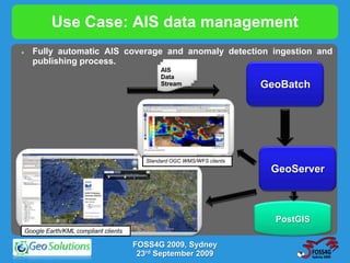 Use Case: AIS data management
     Fully automatic AIS coverage and anomaly detection ingestion and
      publishing process.
                                                 AIS
                                                 Data
                                                 Stream                    GeoBatch




                                            Standard OGC WMS/WFS clients
                                                                            GeoServer



                                                                             PostGIS
    Google Earth/KML compliant clients

                                         FOSS4G 2009, Sydney
                                          23rd September 2009
 