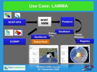 Use Case: LAMMA


                 WRF                 Postproc
NCEP-GFS
                 NMM

                                    GeoBatch
                          Publish
                          Data                   Publish
             GeoServer                           Metadata

 ECMWF      RasterVault                              Registry




              FOSS4G 2009, Sydney
               23rd September 2009
 