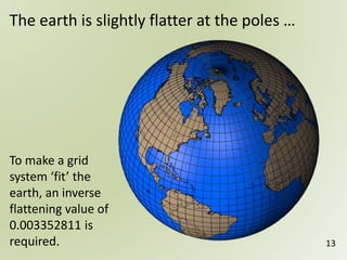 13
The earth is slightly flatter at the poles …
To make a grid
system ‘fit’ the
earth, an inverse
flattening value of
0.003352811 is
required.
 