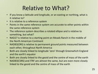 Relative to What?
25
• If you know a latitude and longitude, or an easting or northing, what is
it relative to?
• It is relative to a reference system
• Points in the same reference system are accurate to other points within
the same reference system
• The reference system describes a rotated ellipse and is relative to
something, but what?
• NAD27 is relative to a starting point on Meads Ranch in the middle of
the North American Continent
• NAD83(ORI) is relative to permanent ground points measured between
each other, throughout North America
• Both are closely linked to longitude ‘zero’ through Greenwhich England
and the earth’s equator
• Both are closely linked to the geoid and the centre of mass of the earth
• NAD83(CSRS) and ITRF are almost the same, but are even more closely
linked to the geoid and the centre of mass of the earth
 