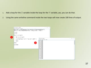 37
❶
❷
1. Add a loop for the ‘j’ variable inside the loop for the ‘i’ variable, yes, you can do that.
2. Using the same writeline command inside the two loops will now create 100 lines of output.
 