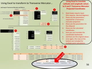 56
❶
❷
❸
❹
❺
❻
Using Excel to translate
Latitude and Longitude values
to X and Y Transverse Mercator
Projected Coordinates
1. black boxes require input
(this requires decimal degrees)
2. these are the parameters
required for a transverse
mercator projection
3. these are the parameters for
the ellipsoid
4. these are the calculated
coordinates
5. here you can translate the
coordinates backwards
6. and here are the original values
7. once again, the rows at the
bottom are included for
multiple point calculations
Using Excel to transform to Transverse Mercator…
 