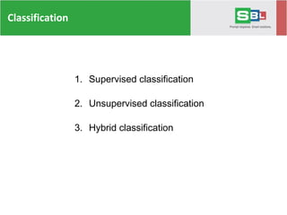 Classification
1. Supervised classification
2. Unsupervised classification
3. Hybrid classification
 