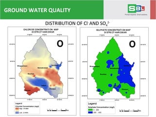 DISTRIBUTION OF Cl-
AND SO4
2-
"
"
"
"
"
"
"
Narsan
Laksar
Khanpur
Roorkee
HaridwarBhagwampur
Bahaderabad
77°50'0"E
77°50'0"E
78°0'0"E
78°0'0"E
78°10'0"E
78°10'0"E
29°40'0"N 29°40'0"N
29°50'0"N 29°50'0"N
30°0'0"N 30°0'0"N
30°10'0"N 30°10'0"N
º
Legend
Chloride Concentration (mg/l)
High : 87.0844
Low : 2.11874
CHLORI DE CONCENTRATI ON MAP
DI STRI CT HARI DWAR
0 5 10 15 202.5
Km
"
"
"
"
"
"
"
Narsan
Laksar
Khanpur
Roorkee
HaridwarBhagwampur
Bahaderabad
77°50'0"E
77°50'0"E
78°0'0"E
78°0'0"E
78°10'0"E
78°10'0"E
29°40'0"N 29°40'0"N
29°50'0"N 29°50'0"N
30°0'0"N 30°0'0"N
30°10'0"N 30°10'0"N
º
Legend
Sulphate Concentration (mg/l)
0 - 200
200 - 400
SULPHATE CONCENTRATI ON MAP
DI STRI CT HARI DWAR
0 5 10 15 202.5
Km
GROUND WATER QUALITY
 