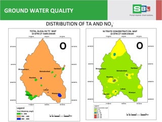DISTRIBUTION OF TA AND NO3
-
"
"
"
"
"
"
"
Narsan
Laksar
Khanpur
Roorkee
HaridwarBhagwampur
Bahaderabad
77°50'0"E
77°50'0"E
78°0'0"E
78°0'0"E
78°10'0"E
78°10'0"E
29°40'0"N 29°40'0"N
29°50'0"N 29°50'0"N
30°0'0"N 30°0'0"N
30°10'0"N 30°10'0"N
º
Legend
Total Alkalinity (mg/l)
0 - 200
200 - 400
400 - 600
TOTAL ALKALI NI TY MAP
DI STRI CT HARI DWAR
0 5 10 15 202.5
Km
"
"
"
"
"
"
"
Narsan
Laksar
Khanpur
Roorkee
HaridwarBhagwampur
Bahaderabad
77°50'0"E
77°50'0"E
78°0'0"E
78°0'0"E
78°10'0"E
78°10'0"E
29°40'0"N 29°40'0"N
29°50'0"N 29°50'0"N
30°0'0"N 30°0'0"N
30°10'0"N 30°10'0"N
º
Legend
Nitrate Concentration (mg/l)
0- 45
45 - 90
90 - 135
135 - 180
180 - 225
225 - 230
NI TRATE CONCENTRATI ON MAP
DI STRI CT HARI DWAR
0 5 10 15 202.5
Km
GROUND WATER QUALITY
 