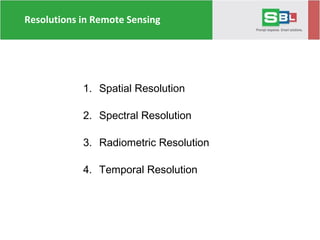 Resolutions in Remote Sensing
1. Spatial Resolution
2. Spectral Resolution
3. Radiometric Resolution
4. Temporal Resolution
Resolutions in RResolutions in Remote
Sensihjhjkhkngdfwefrefrte3trer3434ererwem
ote Sensing
 
