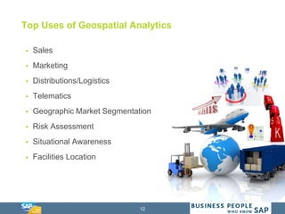 12
Top Uses of Geospatial Analytics
 Sales
 Marketing
 Distributions/Logistics
 Telematics
 Geographic Market Segment...