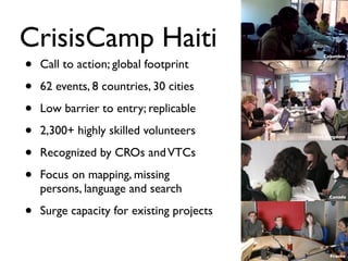 CrisisCamp Haiti
•
                                                Columbia

    Call to action; global footprint

•   62 events, 8 countries, 30 cities

•   Low barrier to entry; replicable

•   2,300+ highly skilled volunteers       United Kingdom



•   Recognized by CROs and VTCs

•   Focus on mapping, missing
    persons, language and search                  Canada



•   Surge capacity for existing projects


                                                   France
 