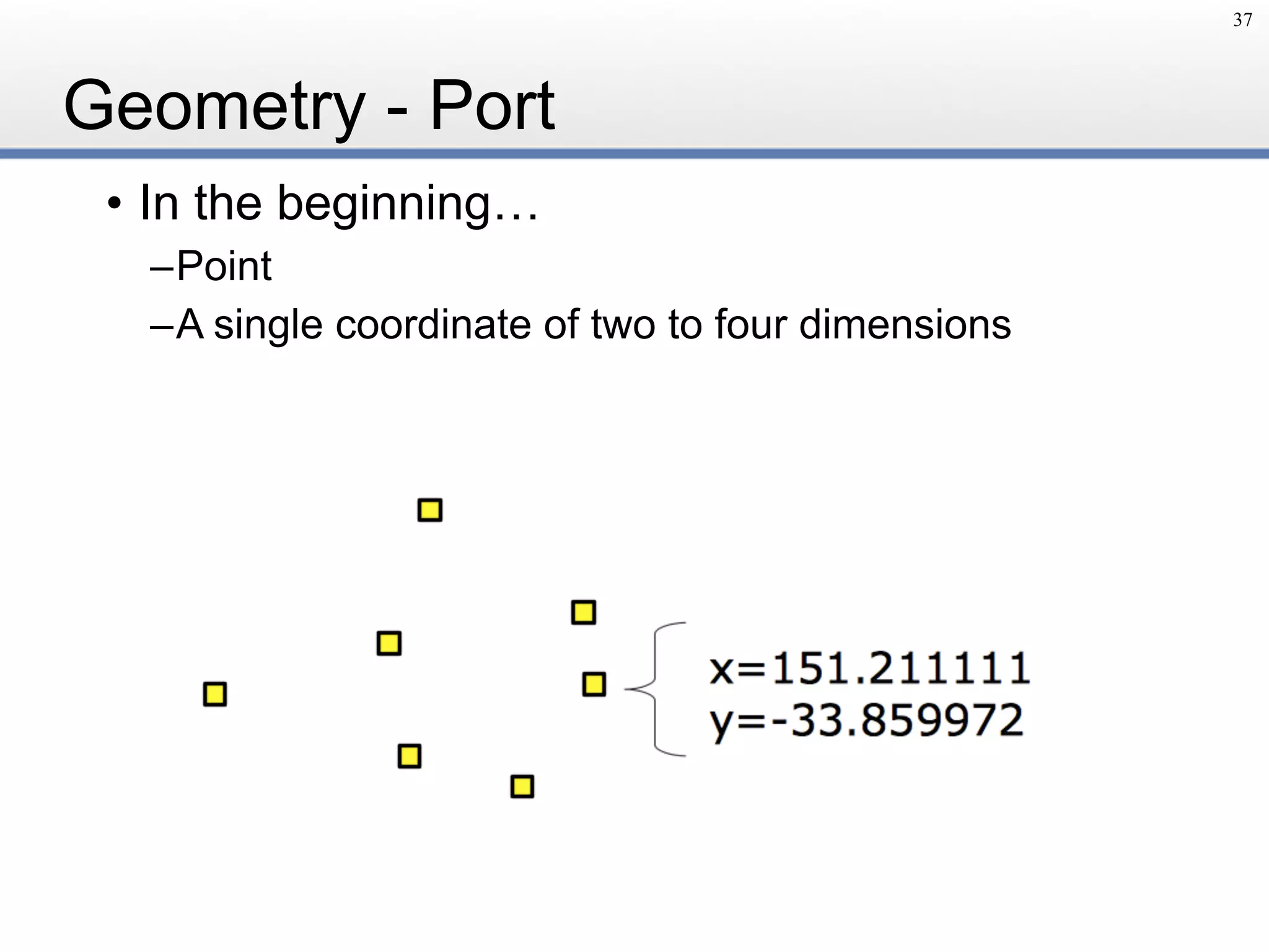 Geometry - Port
• In the beginning…
–Point
–A single coordinate of two to four dimensions
37
 