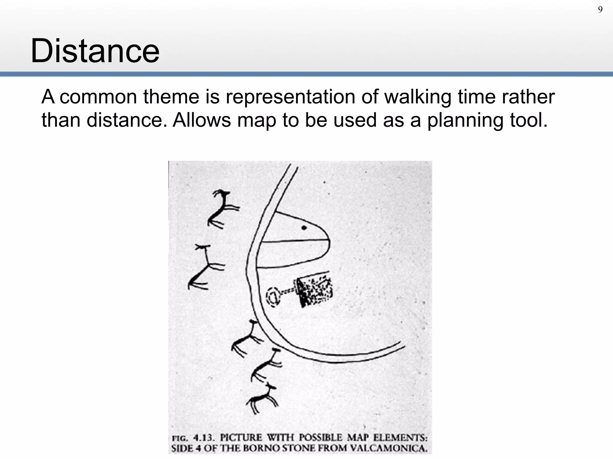 Distance
A common theme is representation of walking time rather
than distance. Allows map to be used as a planning tool.
9
 