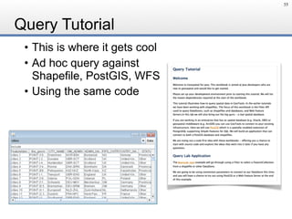 Query Tutorial
• This is where it gets cool
• Ad hoc query against 
Shapefile, PostGIS, WFS
• Using the same code
55
 