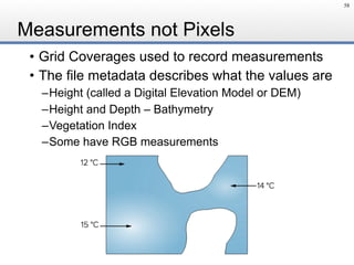 Measurements not Pixels
• Grid Coverages used to record measurements
• The file metadata describes what the values are
–Height (called a Digital Elevation Model or DEM)
–Height and Depth – Bathymetry
–Vegetation Index
–Some have RGB measurements
58
 