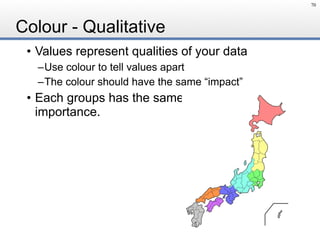 Colour - Qualitative
• Values represent qualities of your data
–Use colour to tell values apart
–The colour should have the same “impact”
• Each groups has the same 
importance.
70
 