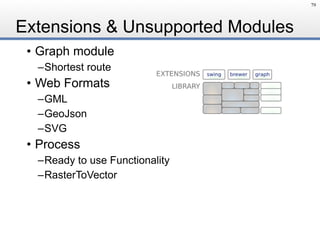 Extensions & Unsupported Modules
• Graph module
–Shortest route
• Web Formats
–GML
–GeoJson
–SVG
• Process
–Ready to use Functionality
–RasterToVector
79
 