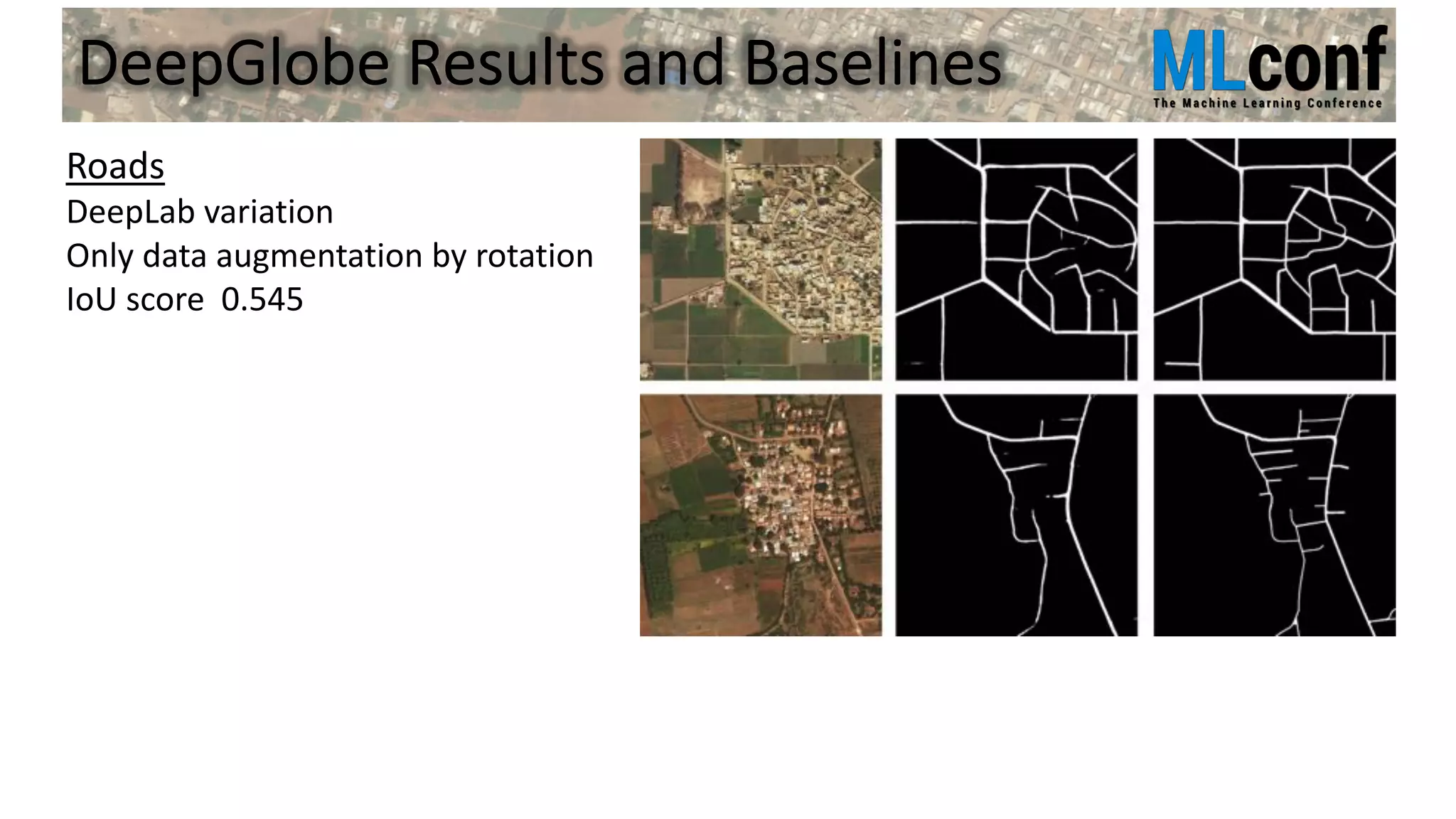DeepGlobe Results and Baselines
Roads
DeepLab variation
Only data augmentation by rotation
IoU score 0.545
 
