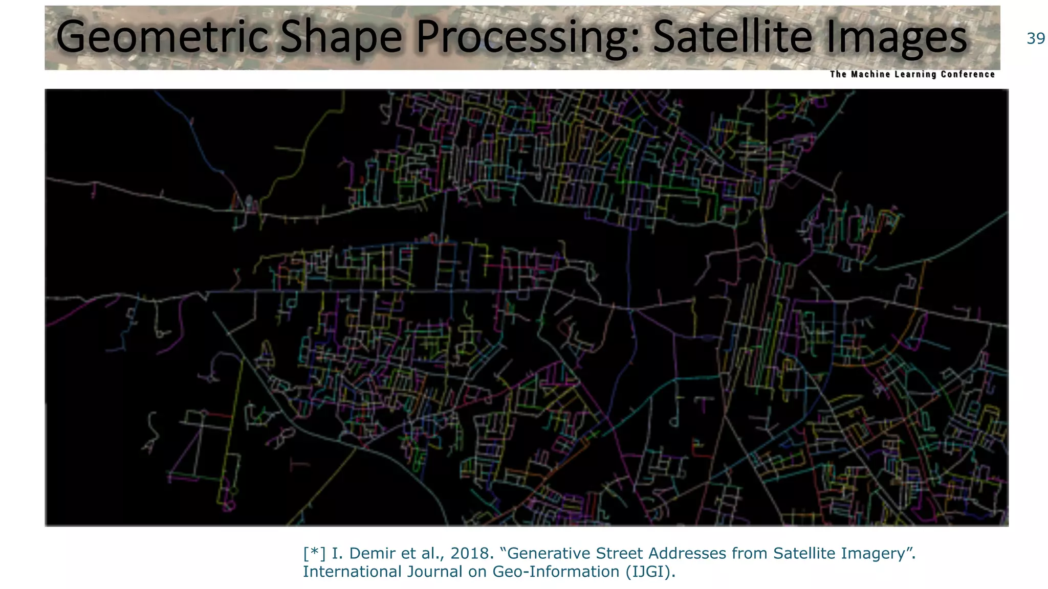39Geometric Shape Processing: Satellite Images
[*] I. Demir et al., 2018. “Generative Street Addresses from Satellite Imagery”.
International Journal on Geo-Information (IJGI).
 