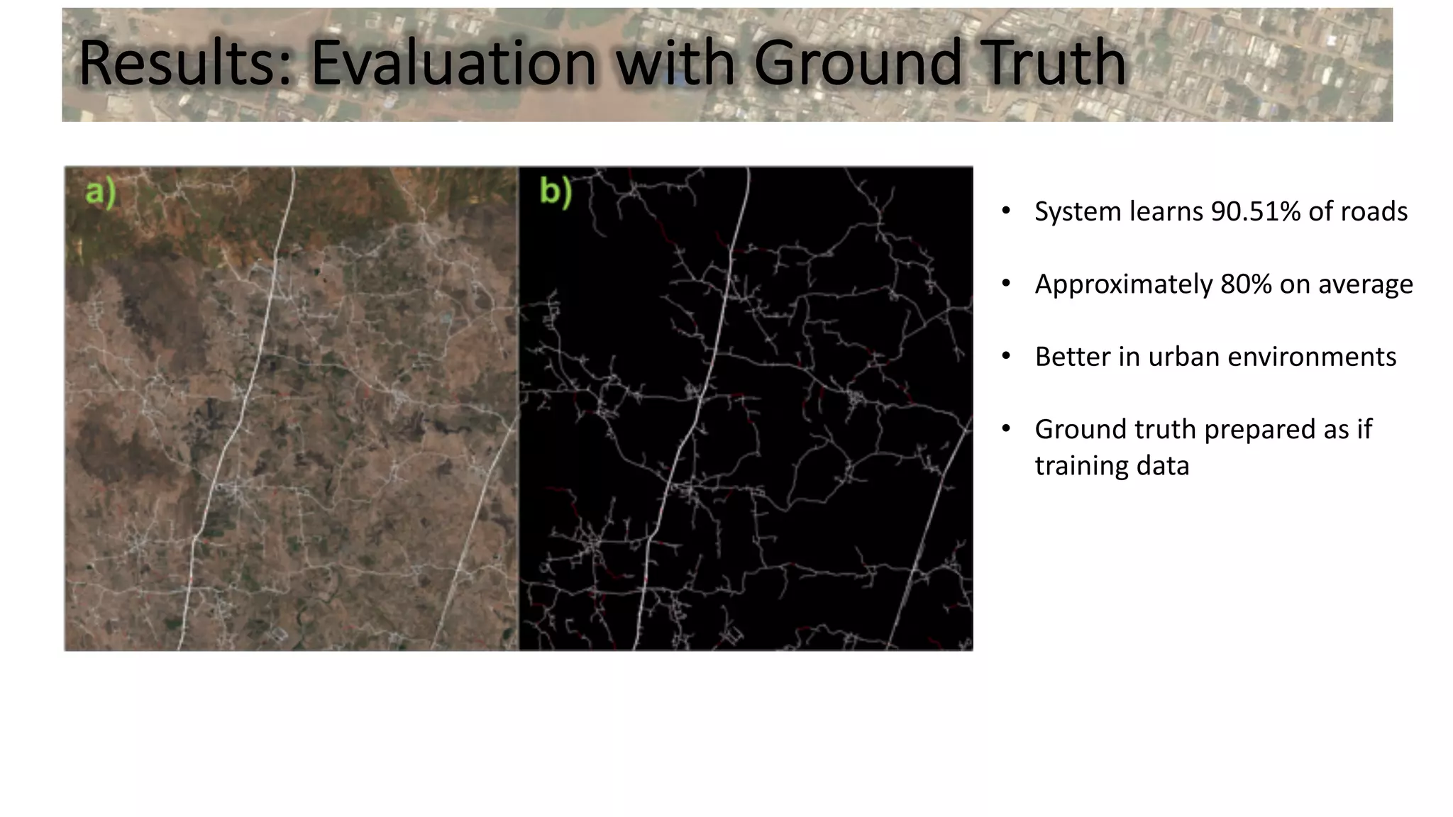 Results: Evaluation with Ground Truth
• System learns 90.51% of roads
• Approximately 80% on average
• Better in urban environments
• Ground truth prepared as if
training data
 