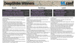 DeepGlobe Winners
Roads Buildings Land
D-LinkNet: LinkNet with
Pretrained Encoder and Dilated
Convolution for High Resolution
Satellite Imagery Road Extraction
Lichen
Zhou,
BUPT
Building Detection
from Satellite Imagery
using Ensemble of
Size-specific Detectors
Ryuhei
Hamaguc
hi,
Pasco
Dense Fusion
Classmate Network
for Land Cover
Classification
Chao Tian,
Harbin
Institute of
Technology
1. Semantic Binary Segmentation using Convolutional Networks
without Decoders
Shubhra Aich*; William van der Kamp; Ian Stavness, University of
Saskatchewan
2. Stacked U-Nets with Multi-Output for Road Extraction
Tao Sun*; Zehui Chen; Wenxiang Yang; Yin Wang, Tongji University
3. D-LinkNet: LinkNet with Pretrained Encoder and Dilated
Convolution for High Resolution Satellite Imagery Road Extraction
Lichen Zhou*; Chuang Zhang; Ming Wu, Beijing University of Posts
and Telecommunications
4. Fully Convolutional Network for Automatic Road Extraction from
Satellite Imagery
Alexander Buslaev*, Mapbox; Selim Seferbekov, Veeva Systems;
Vladimir Iglovikov, Lyft Inc; Alexey Shvets Massachusetts Institute of
Technology
5. Road Detection with EOSResUNet and Post Vectorizing Algorithm
Oleksandr Filin*; Serhii Panchenko; Anton Zapara, EOS Data Analytics
6. Residual Inception Skip Network for Binary Segmentation
Jigar Doshi*, CrowdAI
7. Roadmap Generation using a Multi-Stage Ensemble of Neural
Networks with Smoothing-Based Optimization
Dragos Costea*; Alina Marcu; Emil Slusanschi; Marius Leordeanu,
University Politehnica of Bucharest
8. Rotated Rectangles for Symbolized Building Footprint Extraction
Matthew Dickenson*; Lionel Gueguen, Uber
9. Building Detection from Satellite Imagery Using Composite Loss
Function
Sergey Golovanov*; Rauf Kurbanov; Aleksey Artamonov; Alex
Davydow; Sergey Nikolenko, Neuromation
10. Building Detection from Satellite Imagery using Ensemble of Size-
specific Detectors
Ryuhei Hamaguchi*; Shuhei Hikosaka, Pasco Corporation
11. TernausNetV2: Fully Convolutional Network for Instance
Segmentation
Vladimir Iglovikov*, Lyft Inc; Selim Seferbekov, Veeva Systems;
Alexander Buslaev, Mapbox; Alexey Shvets Massachusetts Institute of
Technology
12. Semantic Segmentation based Building Extraction Method using
Multi-source GIS Map Datasets and Satellite Imagery
Weijia Li*; Conghui He; Jiarui Fang; Haohuan Fu, Tsinghua University
13. CNNs Fusion for Building Detection in Aerial Images for the
Building Detection Challenge
Remi Delassus*, Qucit - LaBRI; Romain Giot, Univ. Bordeaux
14. Building Extraction from Satellite Images Using Mask R-CNN with
Building Boundary Regularization
Kang Zhao*; Jungwon Kang; Jaewook Jung; Gunho Sohn, York
University
15. Deep Aggregation Net for Land Cover Classification
Tzu-Sheng Kuo*; Keng-Sen Tseng; Jia-Wei Yan; Yen-Cheng Liu; Yu-
Chiang Frank Wang, National Taiwan University
16. Stacked U-Nets for Ground Material Segmentation in Remote
Sensing Imagery
Arthita Ghosh*; Max Ehrlich; Sohil Shah; Larry Davis; Rama
Chellappa, University of Maryland
17. Land Cover Classification from Satellite Imagery With U-Net and
Lovasz-Softmax Loss
Alexander Rakhlin*; Alex Davydow; Sergey Nikolenko, Neuromation
18. Dense Fusion Classmate Network for Land Cover Classification
Chao Tian*, Harbin Institute of Technology; Cong Li; Jianping Shi,
Sensetime 19. NU-Net: Deep Residual Wide Field of View
Convolutional Neural Network for Semantic Segmentation
Mohamed Samy; Karim Amer*; Kareem Eissa; Mahmoud Shaker;
Mohamed ElHelw, Nile University;
20. Feature Pyramid Network for Multi-Class Land Segmentation
Selim Seferbekov*, Veeva Systems; Vladimir Iglovikov, Lyft Inc;
Alexander Buslaev, Mapbox; Alexey Shvets Massachusetts Institute of
Technology
21. Uncertainty Gated Network for Land Cover Segmentation
Guillem Pascual*; Santi Seguí; Jordi Vitria, Universitat de Barcelona
22. Land Cover Classification With Superpixels and Jaccard Index
Post-Optimization
Alex Davydow*; Sergey Nikolenko, Neuromation
 