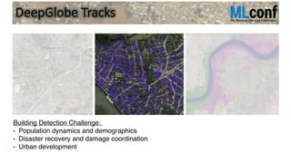 DeepGlobe Tracks
Building Detection Challenge:
- Population dynamics and demographics
- Disaster recovery and damage coordination
- Urban development
 