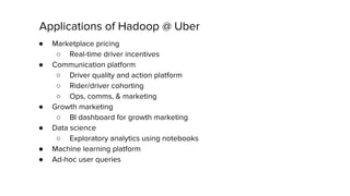 ● Marketplace pricing
○ Real-time driver incentives
● Communication platform
○ Driver quality and action platform
○ Rider/driver cohorting
○ Ops, comms, & marketing
● Growth marketing
○ BI dashboard for growth marketing
● Data science
○ Exploratory analytics using notebooks
● Machine learning platform
● Ad-hoc user queries
Applications of Hadoop @ Uber
 