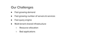 ● Fast growing demand
● Fast growing number of servers & services
● Fast query engine
● Multi-tenant shared infrastructure
○ Resource allocation
○ Bad applications
Our Challenges
 