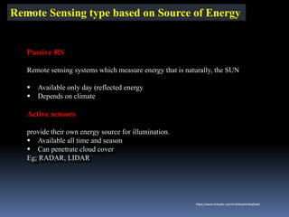 Passive RS
Remote sensing systems which measure energy that is naturally, the SUN
▪ Available only day (reflected energy
▪ Depends on climate
Active sensors
provide their own energy source for illumination.
▪ Available all time and season
▪ Can penetrate cloud cover
Eg; RADAR, LIDAR
Remote Sensing type based on Source of Energy
IBK
https://www.linkedin.com/in/dribrahimbathisk/
 