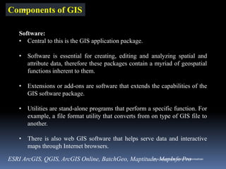 Components of GIS
Software:
• Central to this is the GIS application package.
• Software is essential for creating, editing and analyzing spatial and
attribute data, therefore these packages contain a myriad of geospatial
functions inherent to them.
• Extensions or add-ons are software that extends the capabilities of the
GIS software package.
• Utilities are stand-alone programs that perform a specific function. For
example, a file format utility that converts from on type of GIS file to
another.
• There is also web GIS software that helps serve data and interactive
maps through Internet browsers.
ESRI ArcGIS, QGIS, ArcGIS Online, BatchGeo, Maptitude, MapInfo Pro
IBK
https://www.linkedin.com/in/dribrahimbathisk/
 