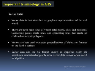 Important terminology in GIS
Vector Data:
• Vector data is best described as graphical representations of the real
world.
• There are three main types of vector data: points, lines, and polygons.
Connecting points create lines, and connecting lines that create an
enclosed area create polygons.
• Vectors are best used to present generalizations of objects or features
on the Earth’s surface.
• Vector data and the file format known as shapefiles (.shp) are
sometimes used interchangeably since vector data is most often stored
in .shp files.
IBK
https://www.linkedin.com/in/dribrahimbathisk/
 