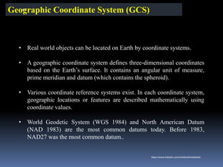 Geographic Coordinate System (GCS)
• Real world objects can be located on Earth by coordinate systems.
• A geographic coordinate system defines three-dimensional coordinates
based on the Earth’s surface. It contains an angular unit of measure,
prime meridian and datum (which contains the spheroid).
• Various coordinate reference systems exist. In each coordinate system,
geographic locations or features are described mathematically using
coordinate values.
• World Geodetic System (WGS 1984) and North American Datum
(NAD 1983) are the most common datums today. Before 1983,
NAD27 was the most common datum..
IBK
https://www.linkedin.com/in/dribrahimbathisk/
 