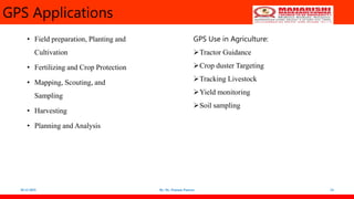 GPS Applications
• Field preparation, Planting and
Cultivation
• Fertilizing and Crop Protection
• Mapping, Scouting, and
Sampling
• Harvesting
• Planning and Analysis
18-12-2022 By: Dr. Poonam Panwar 24
GPS Use in Agriculture:
Tractor Guidance
Crop duster Targeting
Tracking Livestock
Yield monitoring
Soil sampling
 