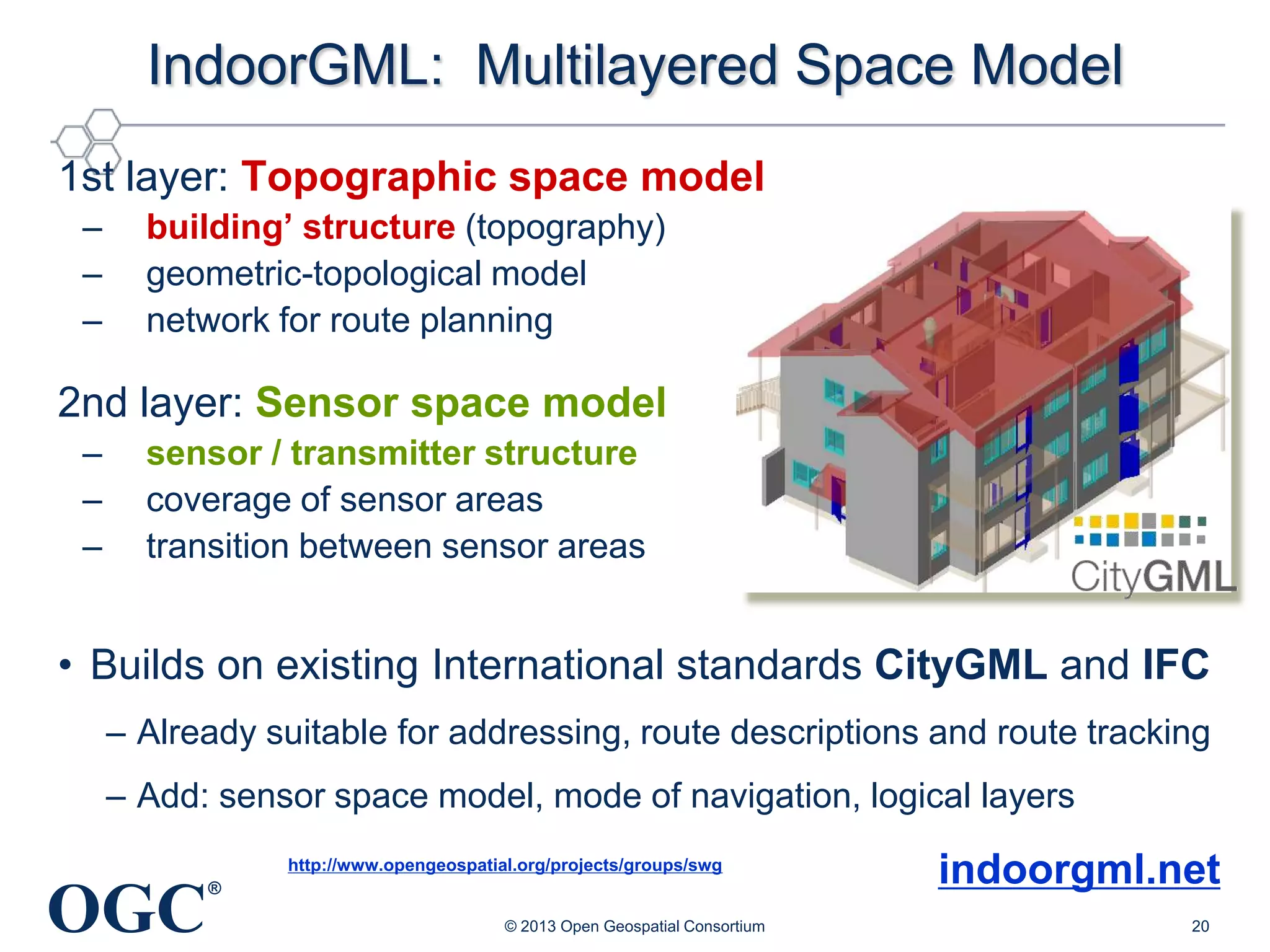 IndoorGML: Multilayered Space Model
1st layer: Topographic space model
–
–
–

building’ structure (topography)
geometric-topological model
network for route planning

2nd layer: Sensor space model
–
–
–

sensor / transmitter structure
coverage of sensor areas
transition between sensor areas

• Builds on existing International standards CityGML and IFC
– Already suitable for addressing, route descriptions and route tracking
– Add: sensor space model, mode of navigation, logical layers
http://www.opengeospatial.org/projects/groups/swg

OGC

®
© 2013 Open Geospatial Consortium

indoorgml.net
20

 