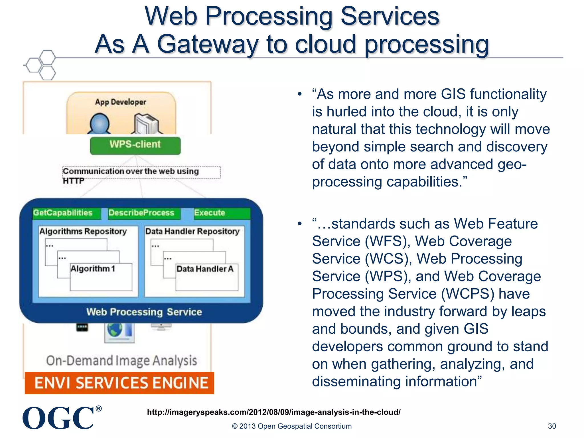 Web Processing Services
As A Gateway to cloud processing
• ―As more and more GIS functionality
is hurled into the cloud, it is only
natural that this technology will move
beyond simple search and discovery
of data onto more advanced geoprocessing capabilities.‖
• ―…standards such as Web Feature
Service (WFS), Web Coverage
Service (WCS), Web Processing
Service (WPS), and Web Coverage
Processing Service (WCPS) have
moved the industry forward by leaps
and bounds, and given GIS
developers common ground to stand
on when gathering, analyzing, and
disseminating information‖

OGC

®

http://imageryspeaks.com/2012/08/09/image-analysis-in-the-cloud/
© 2013 Open Geospatial Consortium

30

 