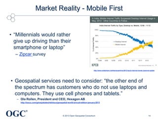 Market Reality - Mobile First

• ―Millennials would rather
give up driving than their
smartphone or laptop‖
– Zipcar survey

http://www.slideshare.net/kleinerperkins/2012-kpcb-internet-trends-yearend-update

• Geospatial services need to consider: ―the other end of
the spectrum has customers who do not use laptops and
computers. They use cell phones and tablets.‖
– Ola Rollen, President and CEO, Hexagon AB
http://issuu.com/geospatialworld/docs/geospatial-world-annual-edition-january-2013

OGC

®
© 2013 Open Geospatial Consortium

14

 