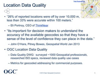 Yelp Engineering

Location Data Quality
• ―26% of reported locations were off by over 10,000 m,
less than 33% were accurate within 100 meters.‖
– Eli Portnoy, CEO of ThinkNear

• ―Its important for decision makers to understand the
accuracy of the available geocodes so that they have a
sense of the level of confidence they can place in the data.‖
– John O‘Hara, Pitney Bowes, Geospatial World Jan 2013

• OGC Location Data Quality
– Data Quality DWG: surveyed ~1000 Geospatial professionals,
researched ISO specs, reviewed data quality use cases
– Metrics for geocoded addressing for commercial purposes.

OGC

®
© 2013 Open Geospatial Consortium

5

 