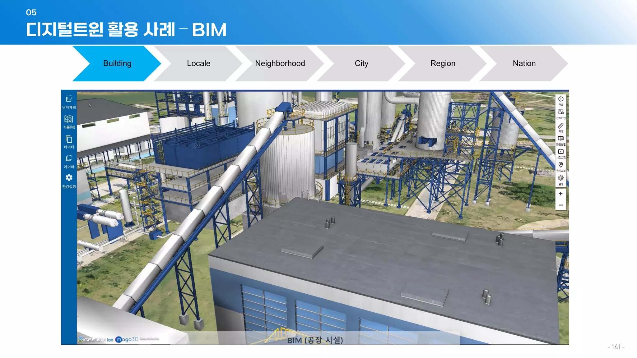 디지털트윈 활용 사례 – BIM
05
- 141 -
Building Locale Neighborhood City Region Nation
 