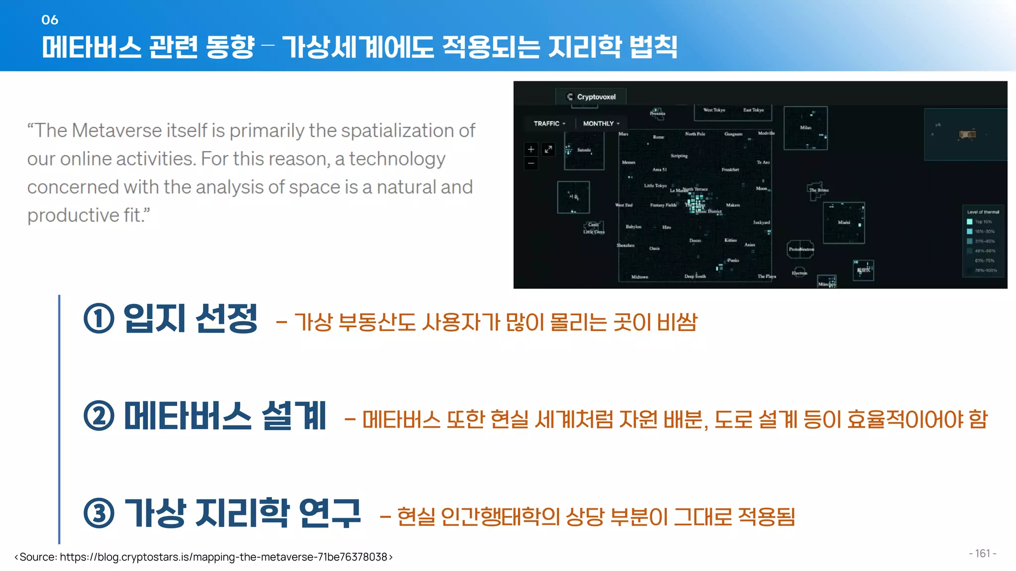 메타버스 관련 동향 – 가상세계에도 적용되는 지리학 법칙
06
- 161 -
① 입지 선정 - 가상 부동산도 사용자가 많이 몰리는 곳이 비쌈
② 메타버스 설계 - 메타버스 또한 현실 세계처럼 자원 배분, 도로 설계 등이 효율적이어야 함
③ 가상 지리학 연구 - 현실 인간행태학의 상당 부분이 그대로 적용됨
<Source: https://blog.cryptostars.is/mapping-the-metaverse-71be76378038>
 